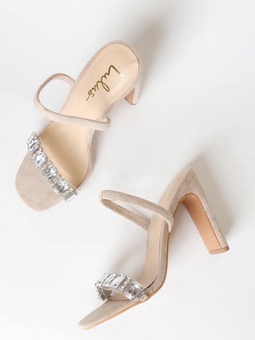 Lulu's Nude Crystal-Strap Block Heels